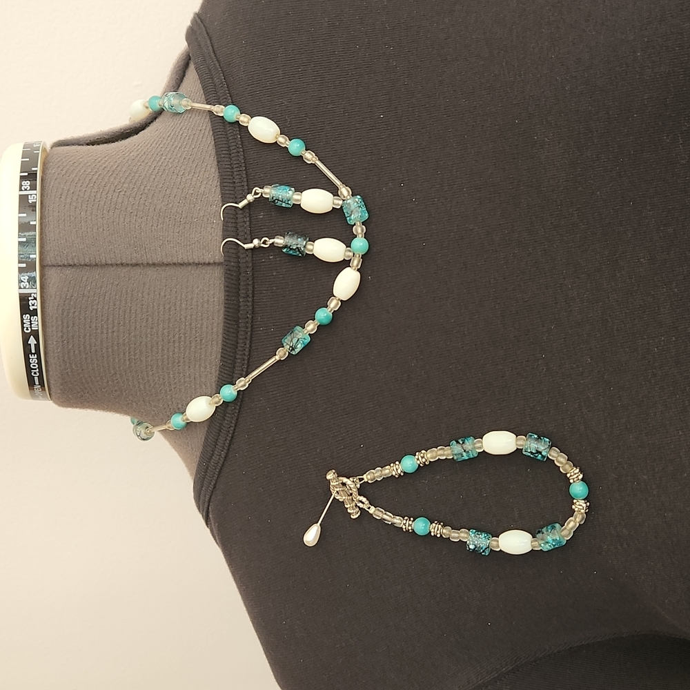 Teal, White & Clear Beaded 3-pc Set